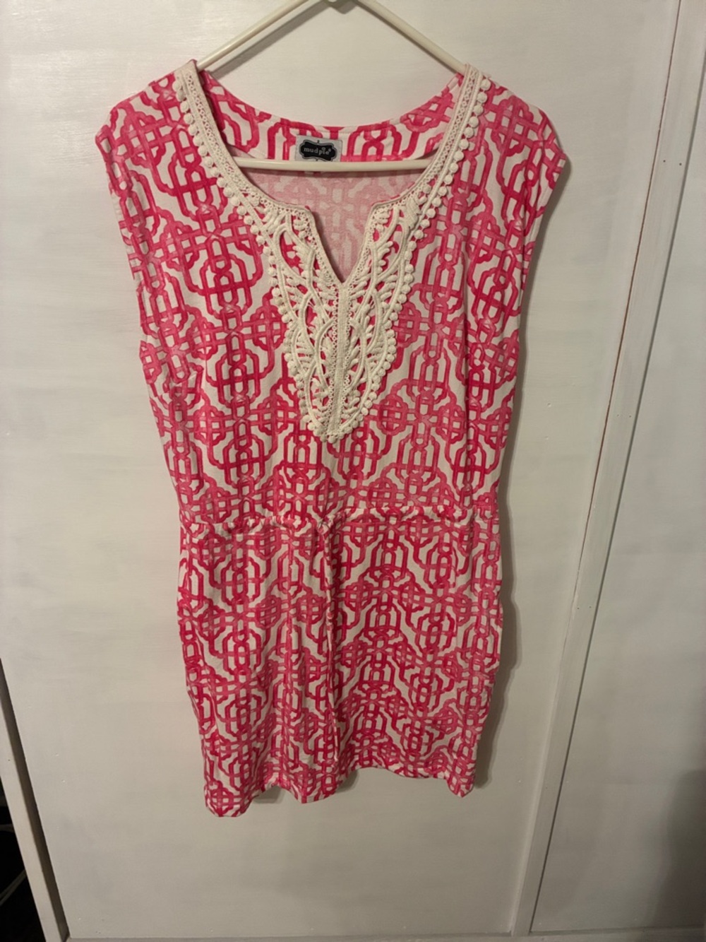 Mud Pie Pink and White Crochet-Trim Mini Dress
